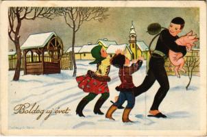 1941 Boldog új évet! magyar népviselet és kéményseprő / New Year greeting, Hungarian folklore, chimney sweeper s: Szilágyi G. Ilona (EB)