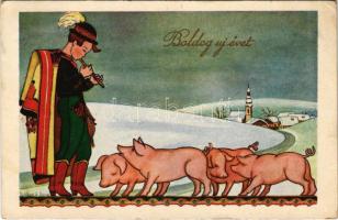 1937 Boldog új évet! magyar fiú malacokkal / New Year greeting, Hungarian folklore, pigs s: Szilágyi G. Ilona (EK)