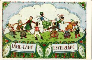 Lánc-lánc-eszterlánc / Hungarian folklore art postcard, folk song s: vitéz Pataky Ferenc