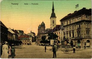 1911 Pozsony, Pressburg, Bratislava; Hal tér, zsinagóga, Caffé Szenzáció kávéház / Fischplatz / square, synagogue, café (EK)