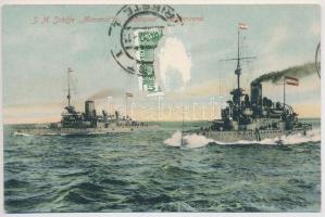 1910 SMS Budapest és SMS Monarch az Osztrák-Magyar Haditengerészet Monarch-osztályú partvédő csatahajók / K.u.K. Kriegsmarine SM Schiffe "Monarch" und "Budapest" manövrierend / WWI Austro-Hungarian Navy, Monarch-class coastal defense ships. G. Costalunga, Pola 1908. (felszíni sérülés / surface damage)