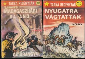 A Tarka Regénytár 2 füzete: O. Clack: Nyugatra vágtattak; J. Tempest: Madagaszkári kaland - A. March: Az őrangyal. Kiadói tűzött papírkötés, a borítókon kis sérüléssel, foltokkal.