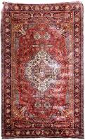 Régi bordó színtónusú iráni jellegű, mokett, pamut, 288x175 cm, kopott.