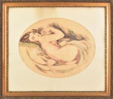 Merényi Rudolf (1893-1957): Alvó női akt. Színezett rézkarc, papír, jelzett. Dekoratív, üvegezett fakeretben, 22,5×42 cm