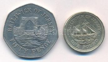 Jersey 1987. 50p Cu-Ni "II. Erzsébet" + 1998. 1P "XIX. századi hajóépítés" forga...