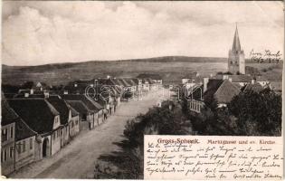 1908 Nagysink, Gross-Schenk, Cincul Mare, Cincu; Marktgasse und ev. Kirche / Piac utca és evangélikus templom. Gustav Salmen kiadása / street view, Lutheran church (EB)