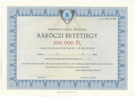 Miskolc ~2000. Rákóczi Regionális Fejlesztési Bank Rt. Rákóczi betétjegye 100.000Ft értékben, kitöltetlen, hátoldalán az Általános szerződési feltételek, vízjeles papíron T:I-