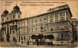 Kolozsvár, Cluj; Piaristák temploma és Ferenc József tudományegyetem. Vasúti levelezőlapárusítás 65. sz. 1918. / Biserica Piaristilor si Universitatea / church, university + 1940 Kolozsvár visszatért So. Stpl. (fl)