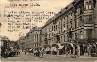 1914 Budapest II. Margit körút, villamos, Margit Park kávéház, háttérben Rózsadomb, üzletek (felületi sérülés / surface damage)