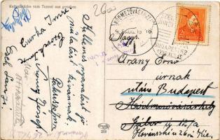 1938 Budapest, Lánchíd az alagútból nézve, automobilok, autóbusz, rendőr + "Szent István Ünneps...