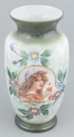 Szecessziós nőalakos tejüveg váza, kopott, m: 32 cm