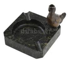 Kő hamutál, bronz kacsával, kopott, 15x15 cm