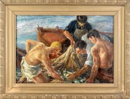Udvary Pál (1900-1987): Halászok. Olaj, falemez. Jelezve jobbra lent. Dekoratív, kissé sérült fakeretben. 47,5x69 cm