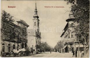 1912 Budapest I. Krisztina tér és templom, cukrászda, gyógyszertár