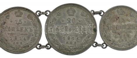 Orosz Birodalom 1911-1914. 10k Ag (6x) + 1906-1914. 15k Ag (3x) + 1914. 20k Ag fülekkel karkötővé al...