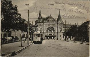 1914 Pécs, indóház, vasútállomás, 4-es villamos, lovashintók. Karpf Berta kiadása
