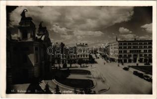 1940 Kolozsvár, Cluj; Deák Ferenc út, Ford képviselet, cukrászda, Dr. Halász gyógyszertár, Dombi, St. Penes üzlete, Perry Automobile Plymouth Dodge / street, automobiles, shops, confectionery, pharmacy + 1940 Kolozsvár visszatért So. Stpl