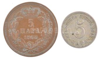 Szerbia 1868. 5p bronz "III. Obrenović Mihály" + 1912. 5p Cu-Ni T:2- Serbia 1868. 5 Para bronze "Mihailo Obrenović III" + 1912. 5 Para Cu-Ni C:VF Krause KM#2, KM#18