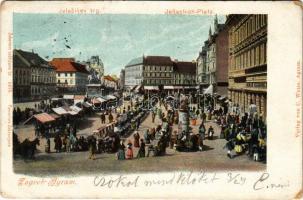 1902 Zagreb, Zágráb; Jelacsis tér / Jelacicev trg. / piac tér, vásár / market (kopott sarkak / worn corners)