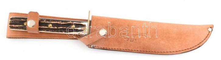 Német Böker vadászkés, Solingen acél, bőrtokban, h: 30 cm