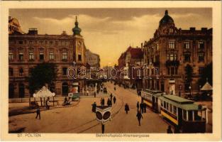 1928 Sankt Pölten, Bahnhofsplatz-Kremsergasse / street, tram, shop of Stadlmayr