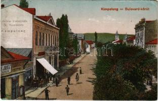 1918 Campulung Muscel, Hosszúmező, Kimpolung, Cimpolung (Arges); Bulevard körút, étterem és sörcsarnok, N. Manolescu üzlete. Vasúti levelezőlapárusítás 6456. / Libraria Universala N. Manolescu / street view, restaurant and beer hall, shops + &quot;K.U.K. FELDPOSTAMT 397&quot; (EM)