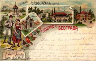 Belgrade, Belgrád, Beograd; Kijevo, Topcider, Donji Grad, Serbian folklore. V. Valozic Buchhandlung Art Nouveau, floral, litho (Rb)