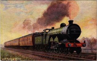 GNR Flying Scotsman. Raphael Tuck & Sons Oilette Famous Expresses Series IX. No. 9662. / Angol gőzmozdony, vonat / British locomotive, train / Angol gőzmozdony, 1936-ban több mint 160 km-es sebességre volt képes