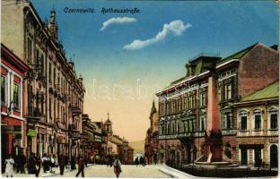 1915 Chernivtsi, Czernowitz, Cernauti, Csernyivci (Bukovina); Rathausstraße / Town Hall Street, shops + K.u.K. Kraftwagenkolonne 18. Klosterneuburg (cut)
