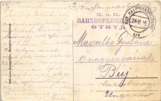 1915 Stryi, Stryj, Strij; Dworzec kolejowy / Bahnhof / railway station. Montage with trams, automobi...