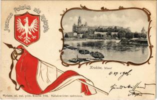 1906 Kraków, Krakkó, Krakau; Wawel. Jeszcze Polska nie Zginela / Royal Castle. Art Nouveau, Emb. litho with Polish coat of arms, flag and patriotic propaganda (pinholes)