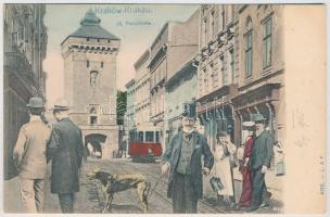 1905 Kraków, Krakkó, Krakau; Ul. Floryanska / street view, city gate, tram with cocoa advertisement. Montage with gentlemen, ladies and dog. L. & P. 4510.