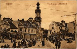 Sopron, Várostorony a várkerületről, piac, vásár, Ferigo Kris., Fischer Emil, Raab Salamon és Hertl üzlete, fogműves, cukrászda. Monsberger Gottfried kiadása