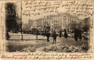 1901 Wroclaw, Breslau; Tauentzienplatz / square in winter, street view, tram (EK)