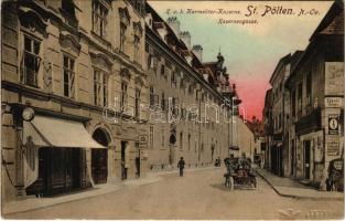 1914 Sankt Pölten, St. Pölten; K.u.K. Karmeliter-Kaserne, Kasernengasse, Tabak-Trafik, Linzer Straße / street view, K.u.K. military barracks, montage with K.u.K. soldiers in an automobile + &quot;K.U.K. SPITALZUG NR. 9.&quot; (EK)