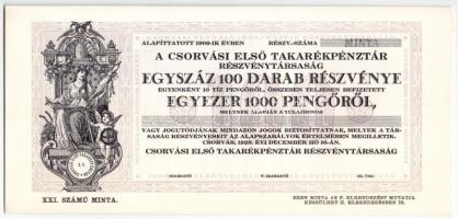 Csorvás 1928. Csorvási Első Takarékpénztár Részvénytársaság 100db részvénye összesen 1000P-ről, MINTA, szelvényekkel T:I-