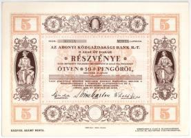 Abony 1926. "Abonyi Közgazdasági Bank Rt." 5db részvénye összesen 50P-ről, "MINTA", szárazpecséttel, szelvényekkel T:I