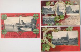 3 db RÉGI hosszú címzéses német szecessziós lóherés képeslap / 3 pre-1905 German Art Nouveau postcards with clovers: Regensburg, Nürnberg, Düsseldorf