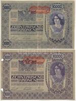 Ausztria 1918. 10.000K (2x) 1726 79822 - II. Kiadás,1242 92068 hátlap rajzos, vízszintes DEUTSCHÖSTERREICH felülbélyegzéssel T:II,III- egyik lefűzés miatt lukasztva Austria 1918. 10.000 Kronen (2x) 1726 79822 - II. AUFLAGE,1242 92068 back with drawing, horizontal DEUTSCHÖSTERREICH overprint C:XF,F one with holes becase stringing