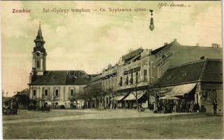 1912 Zombor, Sombor; Szent György templom, Raczits és Czvrkusits üzlete. Karakasevits Mil. kiadása / church, shops