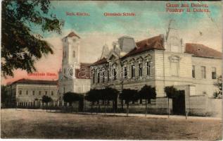 1912 Dolova, Dolovo; községháza, szerb templom, iskola / Gemeinde Haus, Serb. Kirche, Schule / town hall, Serbian church, school (r)