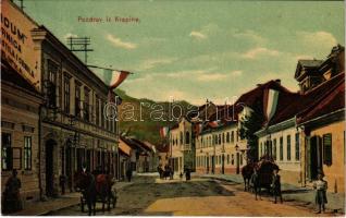 1911 Korpona, Krapina; utca, magyar zászlók. Gjuro Turner kiadása / street view, Hungarian flags