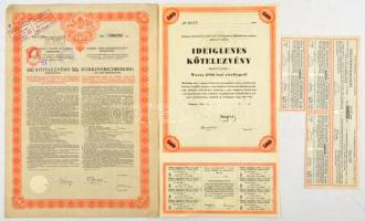 Budapest 1914. Budapest Székesfőváros 4 1/2%-os kötelezvény bemutatóra 480K-ról, magyar és német nyelven, szárazpecséttel, felülbélyegzésekkel, szelvényekkel + Budapest 1946. Budapest Székesfőváros 1910. évi 4%-kal kamatozó 2.000.000 font sterlinges adómentes kölcsön ideiglenes kötelezvénye 500 font sterlingről, szárazpecséttel és szelvényutalvánnyal T:III,II