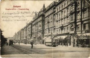 1911 Budapest VII. Erzsébet körút, Leszámítoló és pénzváltó bank, villamos, Leopold Gyula üzlete (EK)