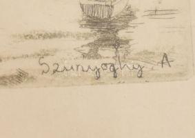 Szunyoghy András (1946-): Balatoni táj. Rézkarc, papír, jelzett a karcon. Lap alja kissé foltos. Üve...