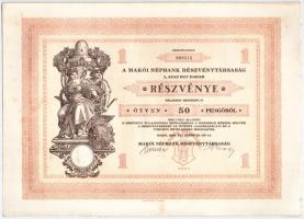 Makó 1929. Makói Népbank Részvénytársaság részvénye 50P-ről (3x), sorszámkövetők 000315 - 000313, szelvényekkel, szárazpecséttel T:I- folt