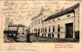 1903 Lugos, Lugoj; M. kir. posta, Görögkeleti (ortodox) templommal és bazárral. Nemes Kálmán kiadása / Posta mare cu bazarul biserici greco-oriental / post office, Orthodox church and bazaar (EB)