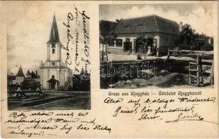 1914 Újegyház, Leschkirch, Nocrich; Evangélikus templom, J. Bernhardt üzlete és saját kiadása / Lutheran church, publishers shop (fa)
