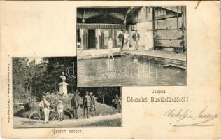 1905 Buziásfürdő, Baile Buzias; Uszoda, Trefort szobor, kerékpár. Nosek Gusztáv kiadása / swimming pool, interior, statue, bicycle (EK)