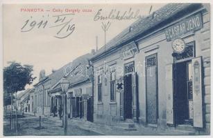 1911 Pankota, Pancota; Csiky Gergely utca, S. Gáspár Jenő órás, Schveitzer Zsigmond timár, Meixner János szabó üzlete. Ifj. Zwonár Gyula kiadása / street view, shops